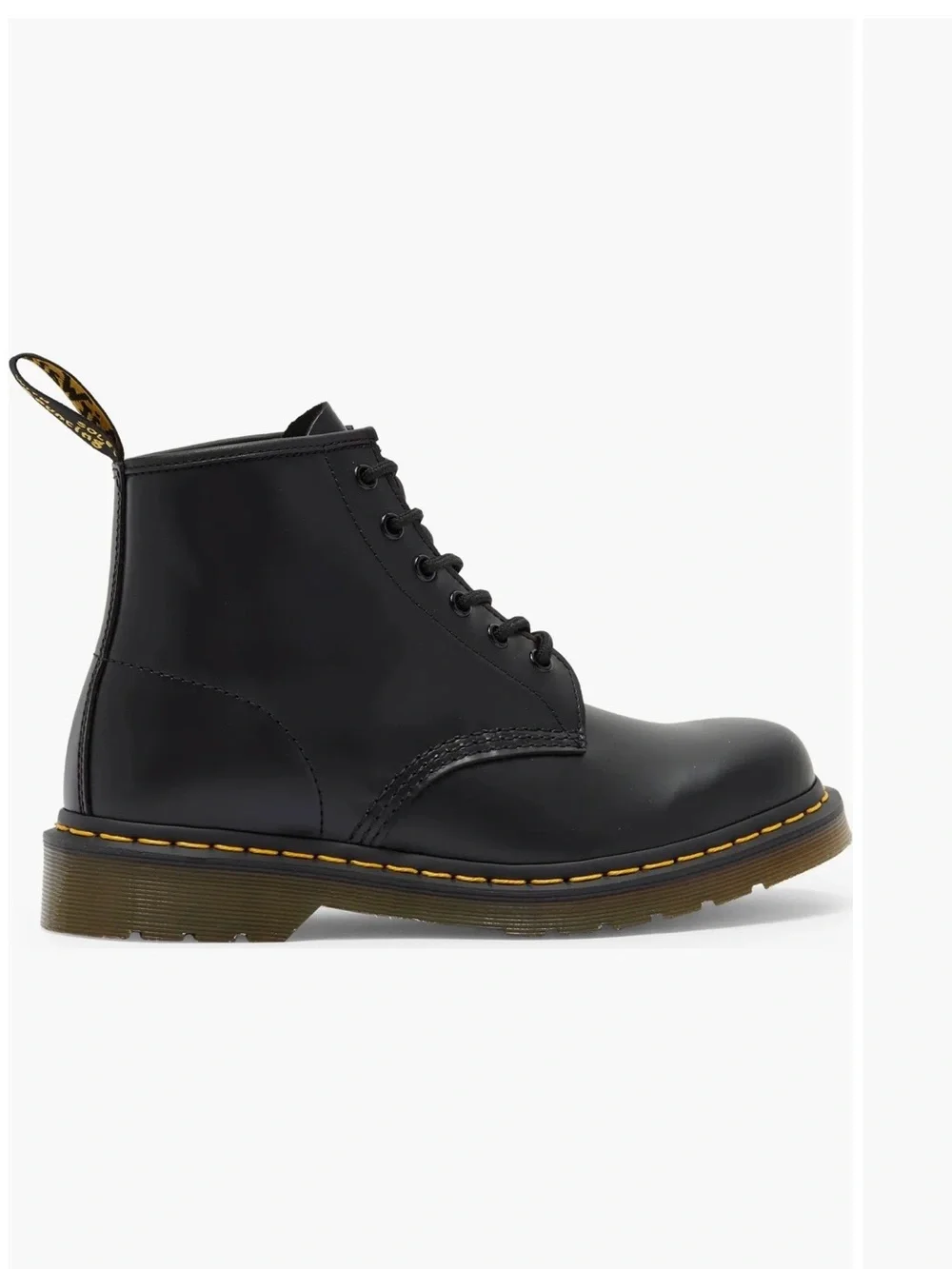 Dr. Martens Black Leather 8-Eye Lace Boot with Yellow Stitching
